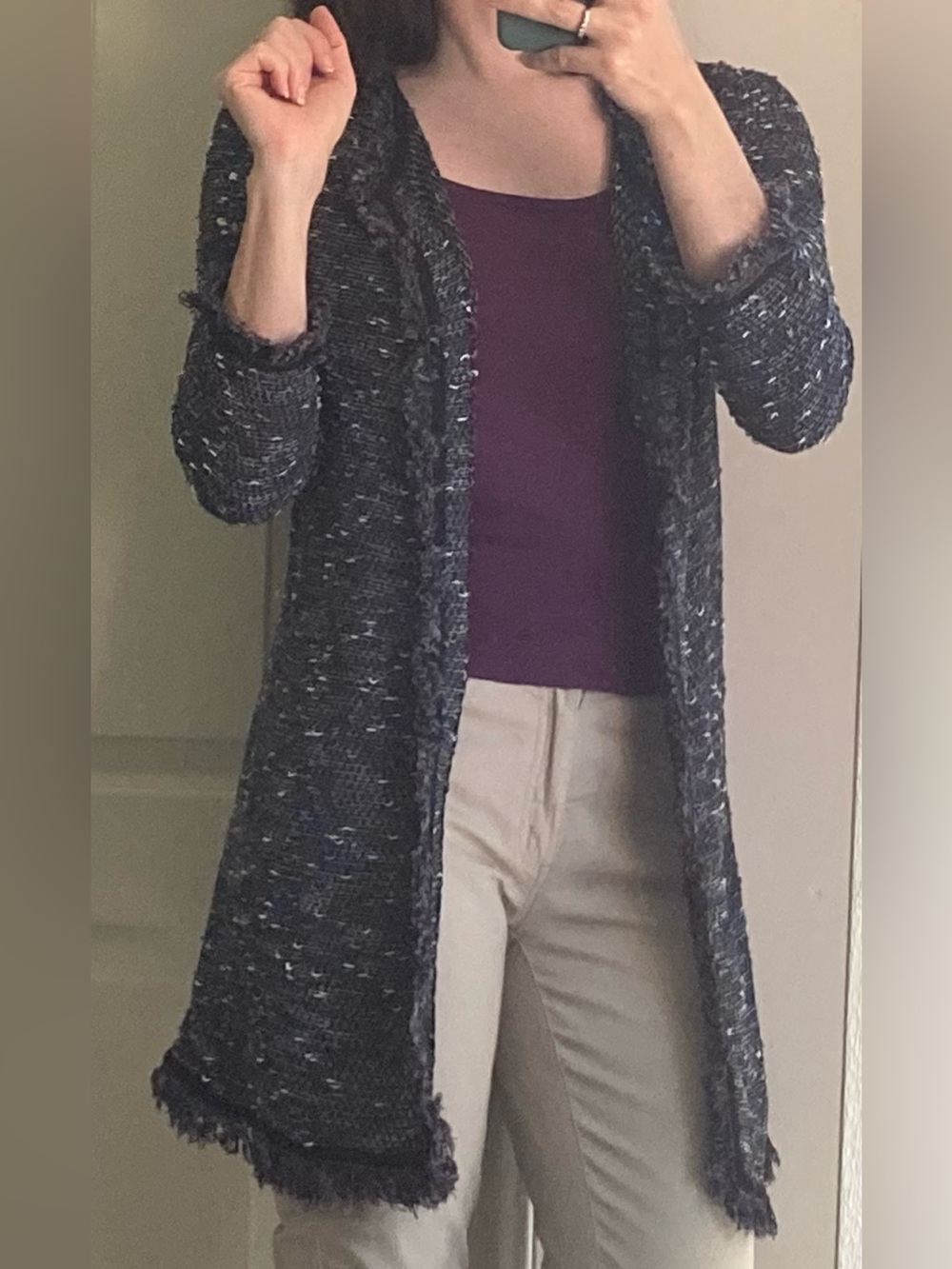 Blue, Black, and Tan Textured, Tweed-y Heidi Hess Long Cardigan, Size Small